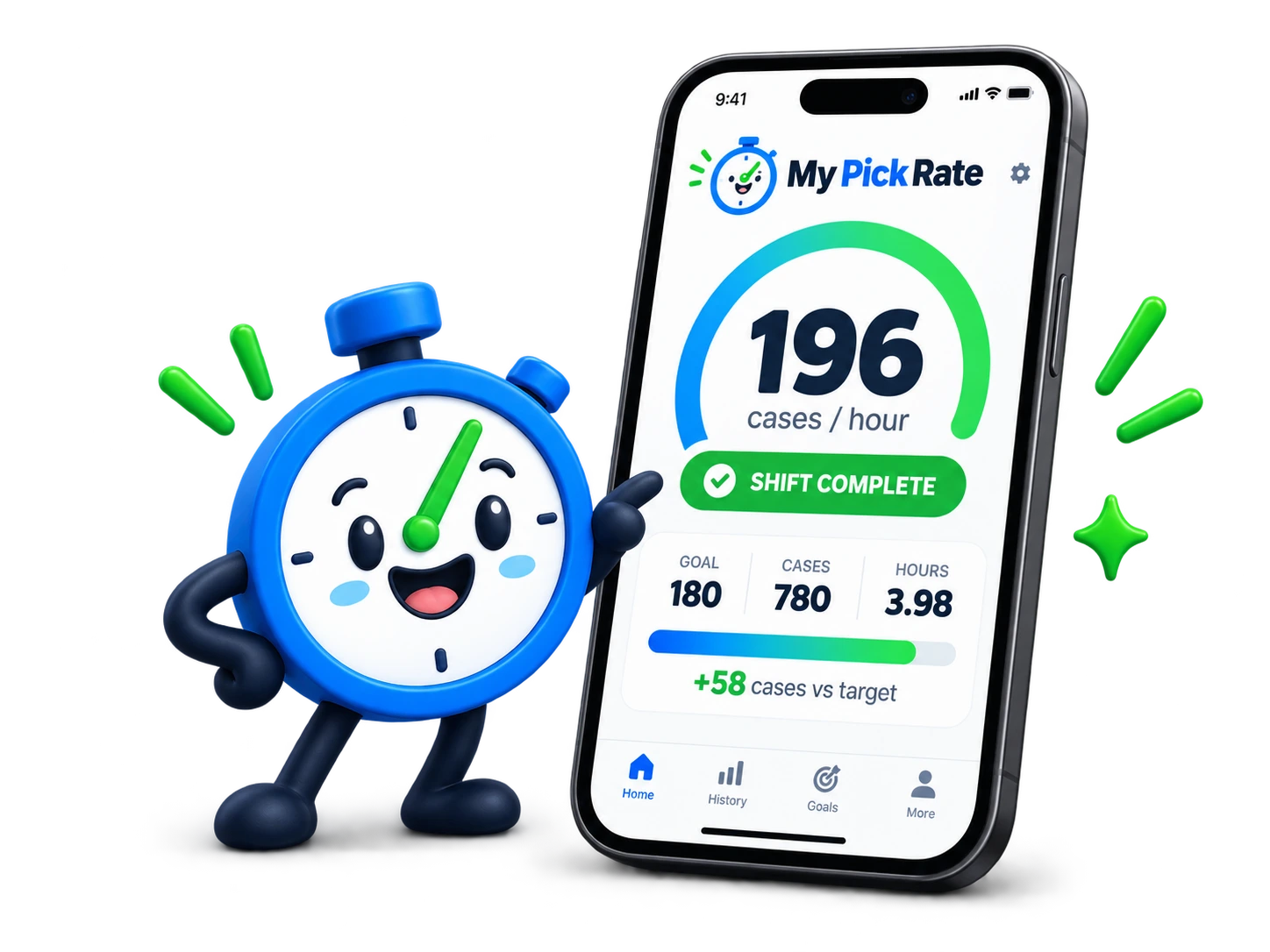My Pick Rate mobile app with Chrono showing a completed shift at 196 cases per hour