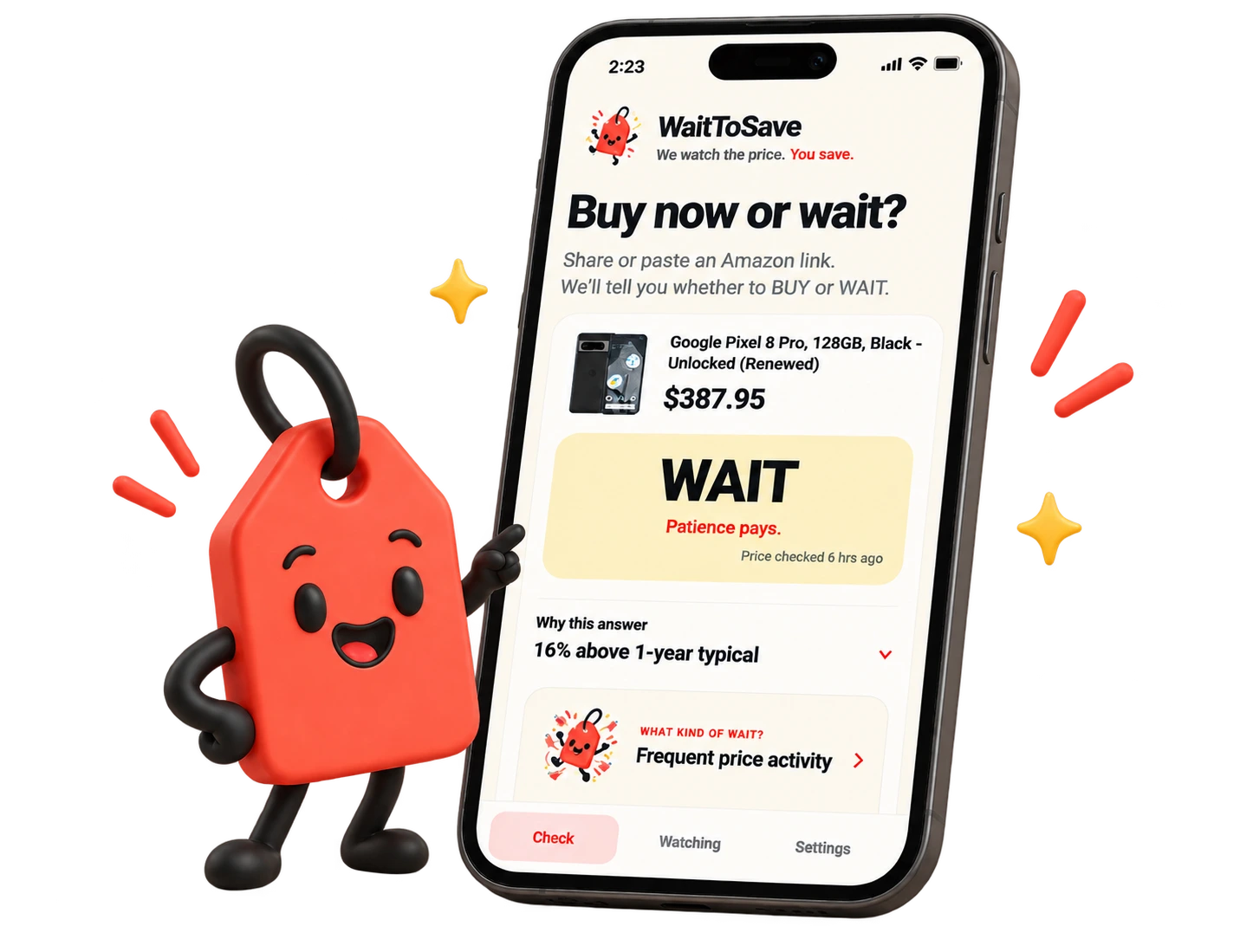 Wait To Save showing Taggy beside the app with a clear WAIT result